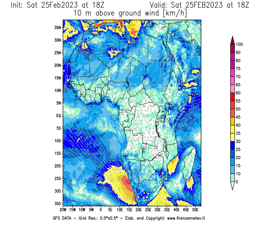 Mappa di analisi GFS - Velocità del vento a 10 metri dal suolo [km/h] in Africa
							del 25/02/2023 18 <!--googleoff: index-->UTC<!--googleon: index-->