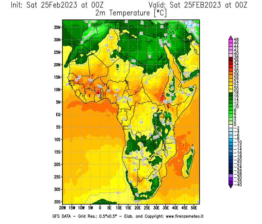 Mappa di analisi GFS - Temperatura a 2 metri dal suolo [°C] in Africa
							del 25/02/2023 00 <!--googleoff: index-->UTC<!--googleon: index-->