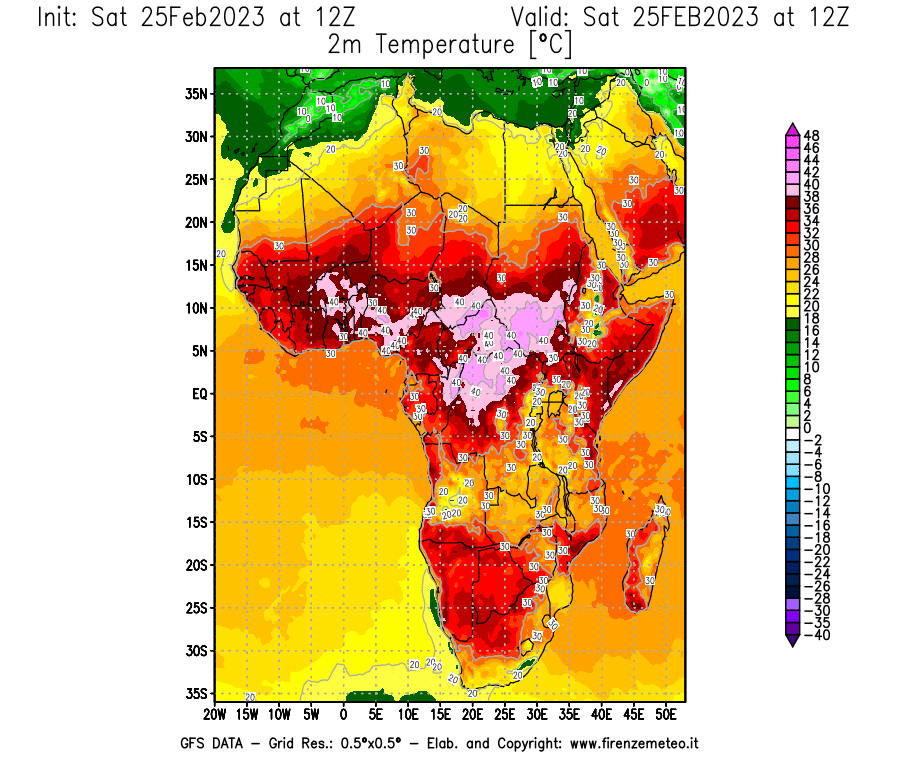 Mappa di analisi GFS - Temperatura a 2 metri dal suolo [°C] in Africa
							del 25/02/2023 12 <!--googleoff: index-->UTC<!--googleon: index-->