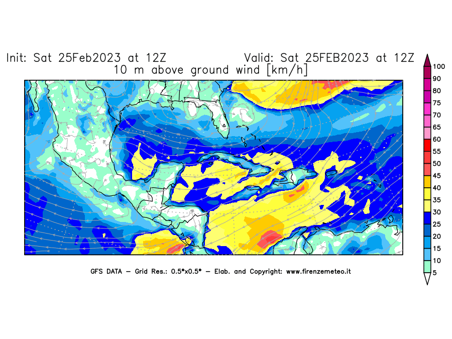 Mappa di analisi GFS - Velocità del vento a 10 metri dal suolo [km/h] in Centro-America
							del 25/02/2023 12 <!--googleoff: index-->UTC<!--googleon: index-->