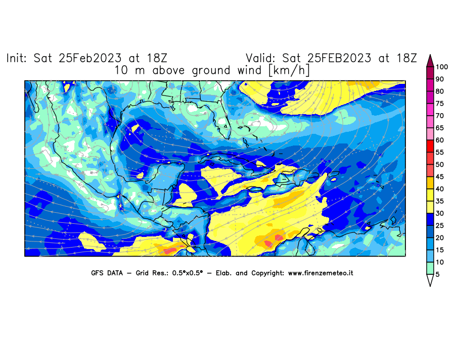 Mappa di analisi GFS - Velocità del vento a 10 metri dal suolo [km/h] in Centro-America
							del 25/02/2023 18 <!--googleoff: index-->UTC<!--googleon: index-->