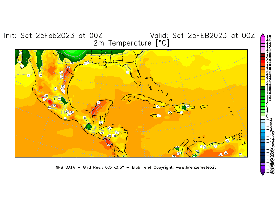 Mappa di analisi GFS - Temperatura a 2 metri dal suolo [°C] in Centro-America
							del 25/02/2023 00 <!--googleoff: index-->UTC<!--googleon: index-->