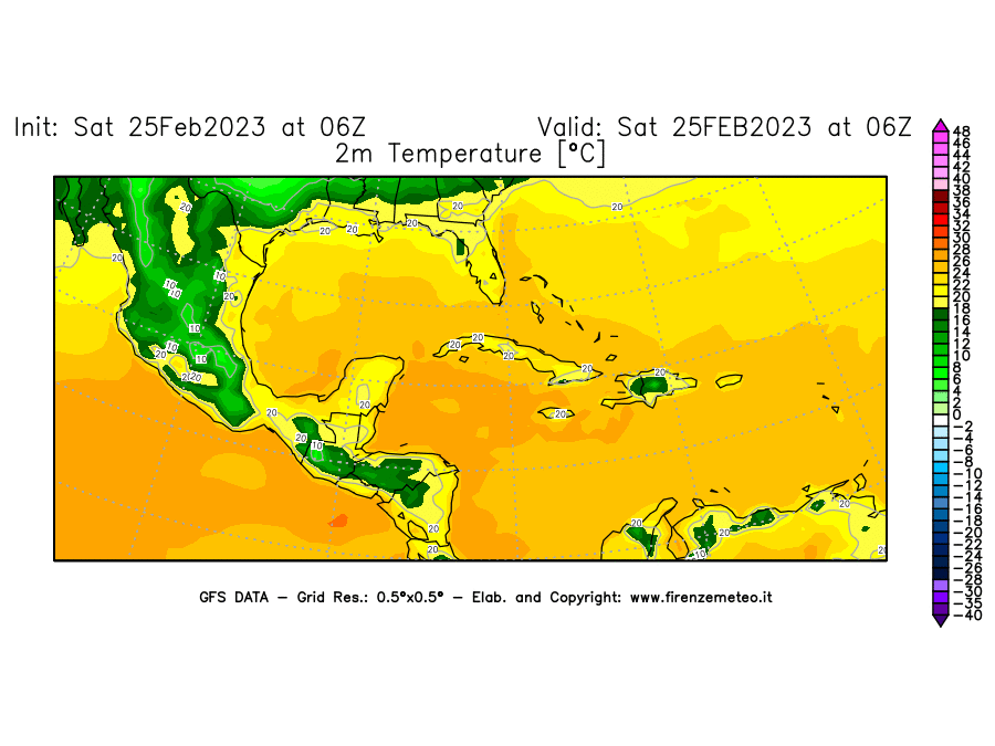 Mappa di analisi GFS - Temperatura a 2 metri dal suolo [°C] in Centro-America
							del 25/02/2023 06 <!--googleoff: index-->UTC<!--googleon: index-->