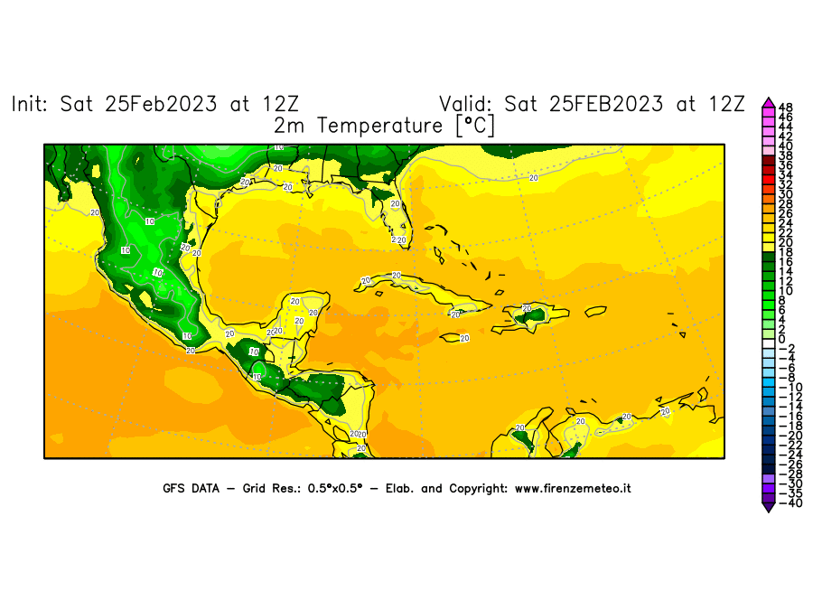 Mappa di analisi GFS - Temperatura a 2 metri dal suolo [°C] in Centro-America
							del 25/02/2023 12 <!--googleoff: index-->UTC<!--googleon: index-->