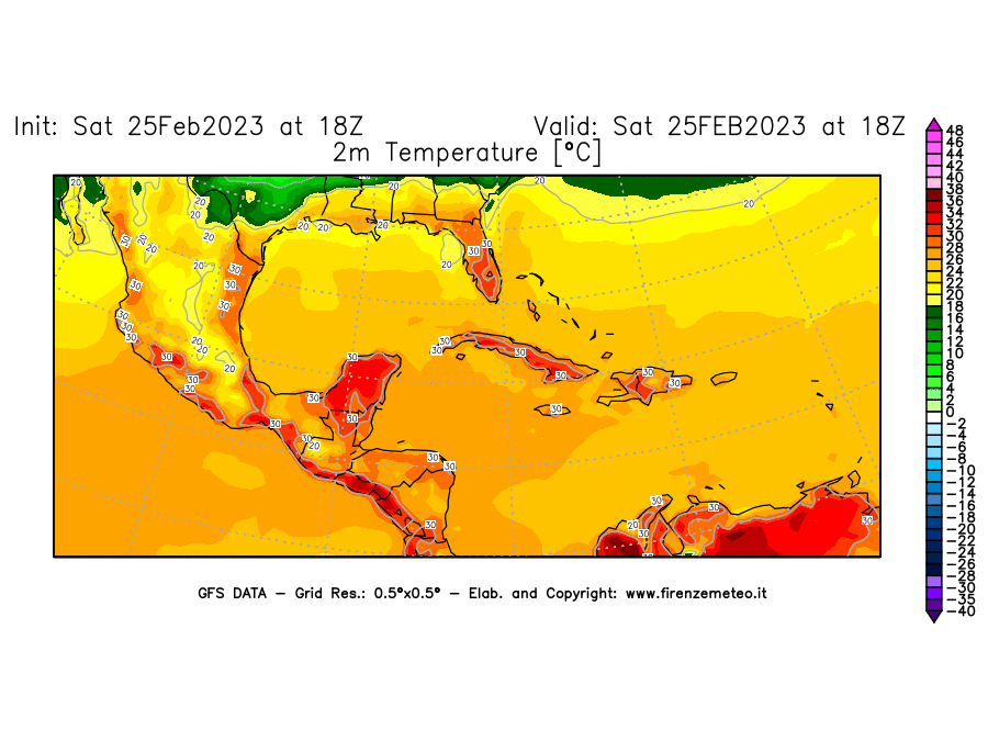 Mappa di analisi GFS - Temperatura a 2 metri dal suolo [°C] in Centro-America
							del 25/02/2023 18 <!--googleoff: index-->UTC<!--googleon: index-->
