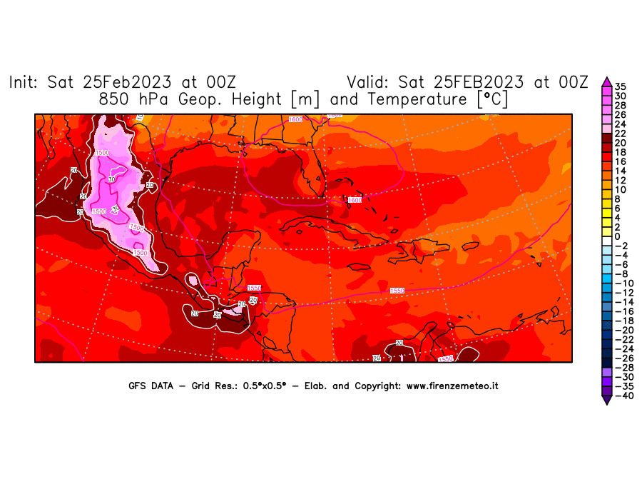 Mappa di analisi GFS - Geopotenziale [m] e Temperatura [°C] a 850 hPa in Centro-America
							del 25/02/2023 00 <!--googleoff: index-->UTC<!--googleon: index-->
