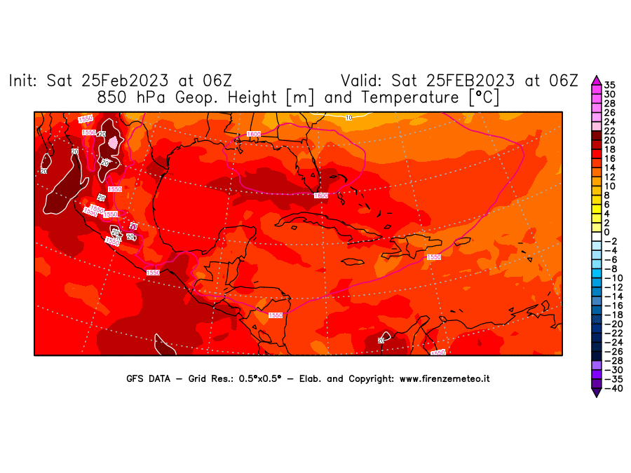 Mappa di analisi GFS - Geopotenziale [m] e Temperatura [°C] a 850 hPa in Centro-America
							del 25/02/2023 06 <!--googleoff: index-->UTC<!--googleon: index-->