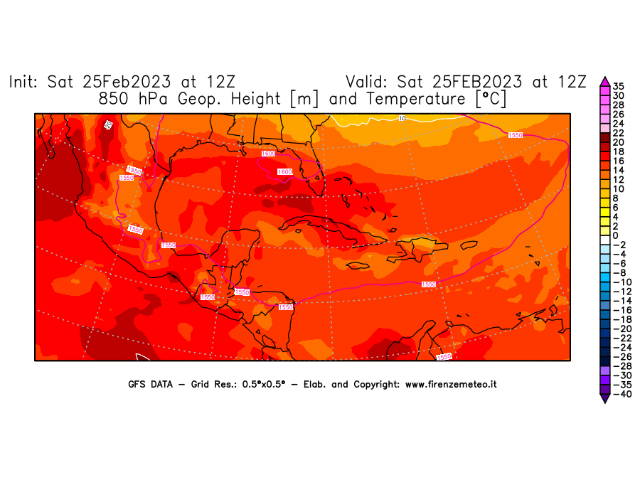Mappa di analisi GFS - Geopotenziale [m] e Temperatura [°C] a 850 hPa in Centro-America
							del 25/02/2023 12 <!--googleoff: index-->UTC<!--googleon: index-->