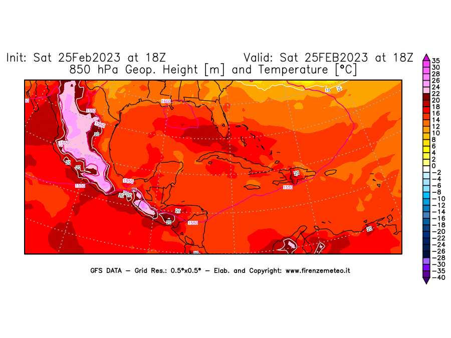 Mappa di analisi GFS - Geopotenziale [m] e Temperatura [°C] a 850 hPa in Centro-America
							del 25/02/2023 18 <!--googleoff: index-->UTC<!--googleon: index-->