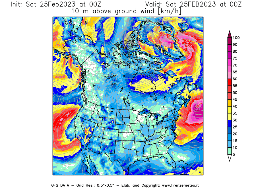 Mappa di analisi GFS - Velocità del vento a 10 metri dal suolo [km/h] in Nord-America
							del 25/02/2023 00 <!--googleoff: index-->UTC<!--googleon: index-->