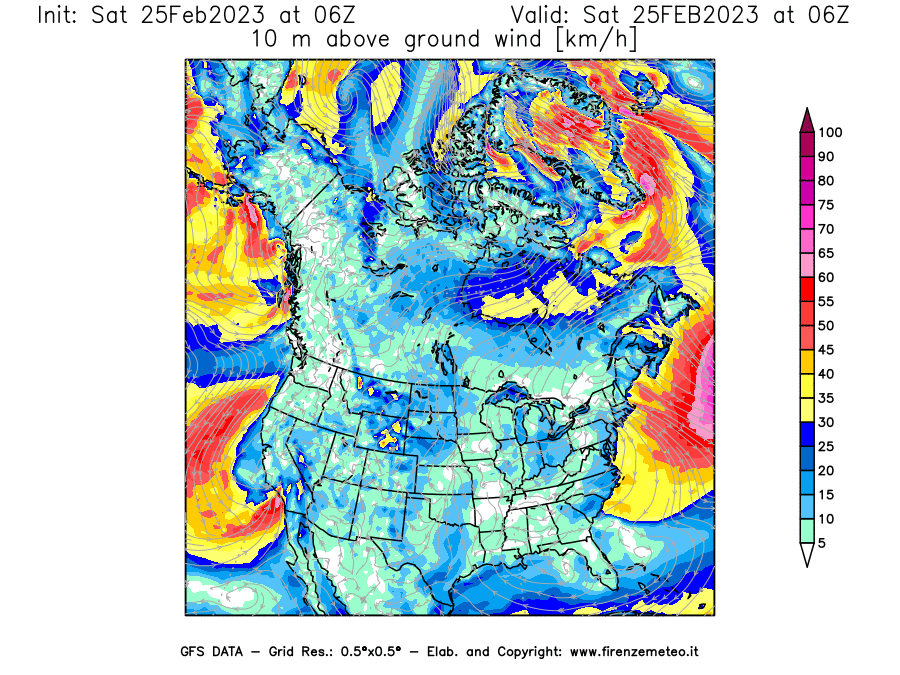 Mappa di analisi GFS - Velocità del vento a 10 metri dal suolo [km/h] in Nord-America
							del 25/02/2023 06 <!--googleoff: index-->UTC<!--googleon: index-->