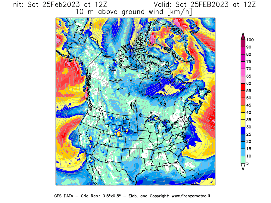 Mappa di analisi GFS - Velocità del vento a 10 metri dal suolo [km/h] in Nord-America
							del 25/02/2023 12 <!--googleoff: index-->UTC<!--googleon: index-->
