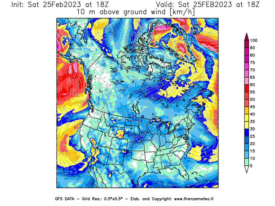 Mappa di analisi GFS - Velocità del vento a 10 metri dal suolo [km/h] in Nord-America
							del 25/02/2023 18 <!--googleoff: index-->UTC<!--googleon: index-->