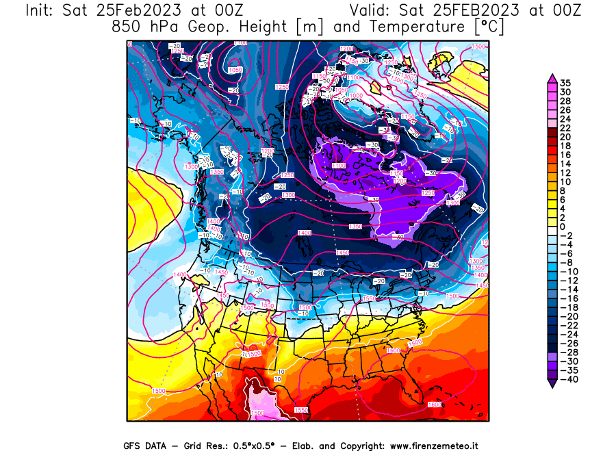 Mappa di analisi GFS - Geopotenziale [m] e Temperatura [°C] a 850 hPa in Nord-America
							del 25/02/2023 00 <!--googleoff: index-->UTC<!--googleon: index-->