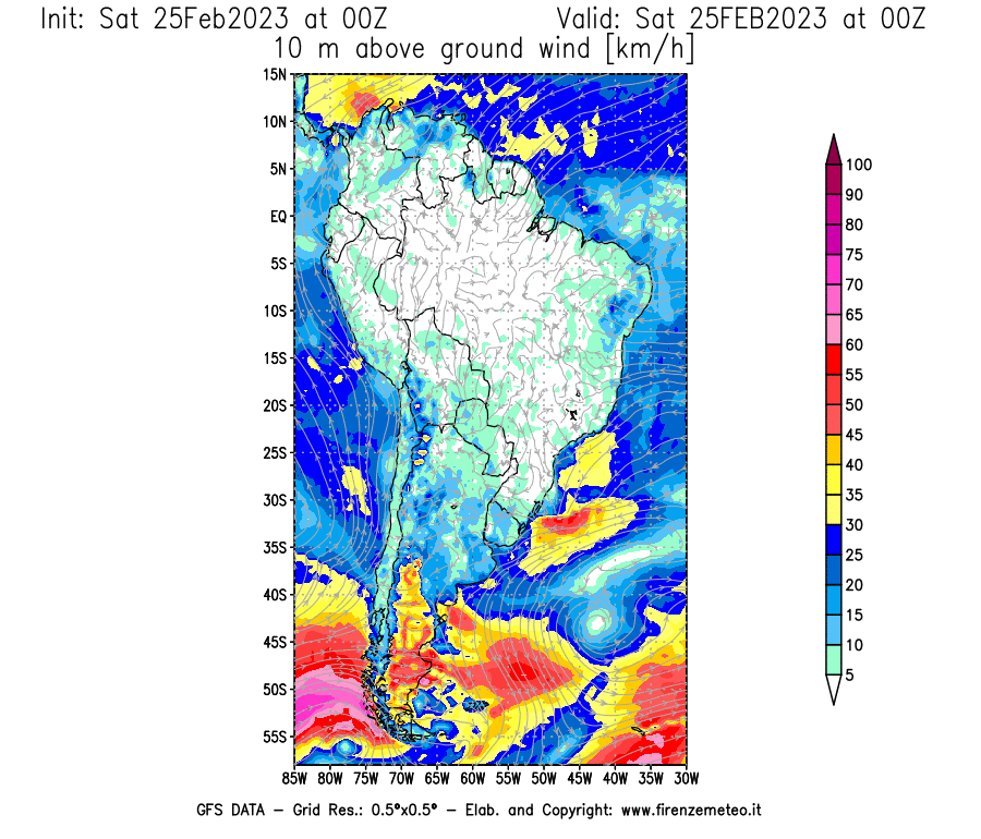 Mappa di analisi GFS - Velocità del vento a 10 metri dal suolo [km/h] in Sud-America
							del 25/02/2023 00 <!--googleoff: index-->UTC<!--googleon: index-->