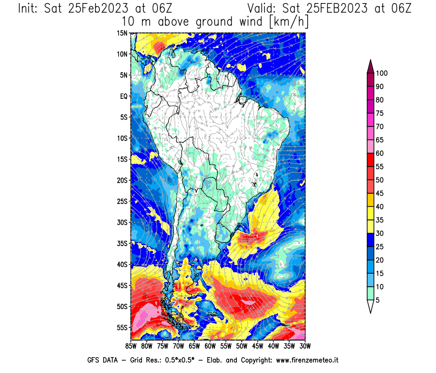 Mappa di analisi GFS - Velocità del vento a 10 metri dal suolo [km/h] in Sud-America
							del 25/02/2023 06 <!--googleoff: index-->UTC<!--googleon: index-->