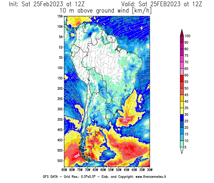 Mappa di analisi GFS - Velocità del vento a 10 metri dal suolo [km/h] in Sud-America
							del 25/02/2023 12 <!--googleoff: index-->UTC<!--googleon: index-->
