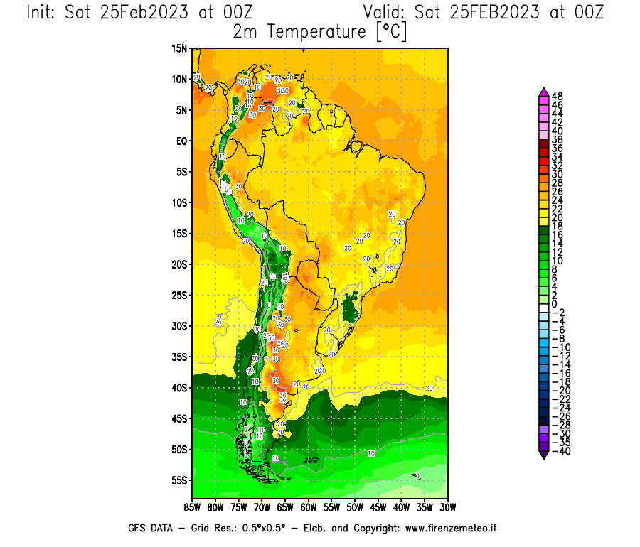 Mappa di analisi GFS - Temperatura a 2 metri dal suolo [°C] in Sud-America
							del 25/02/2023 00 <!--googleoff: index-->UTC<!--googleon: index-->
