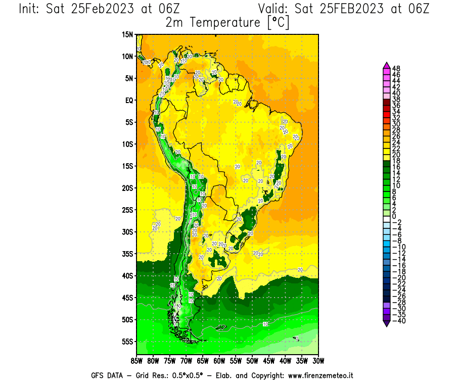 Mappa di analisi GFS - Temperatura a 2 metri dal suolo [°C] in Sud-America
							del 25/02/2023 06 <!--googleoff: index-->UTC<!--googleon: index-->