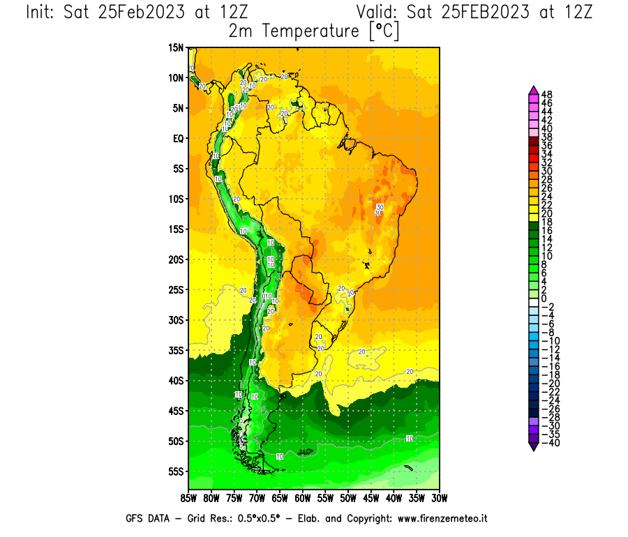 Mappa di analisi GFS - Temperatura a 2 metri dal suolo [°C] in Sud-America
							del 25/02/2023 12 <!--googleoff: index-->UTC<!--googleon: index-->