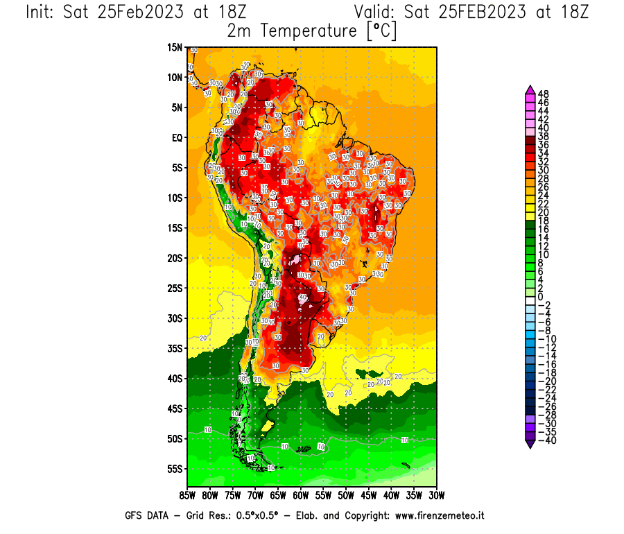 Mappa di analisi GFS - Temperatura a 2 metri dal suolo [°C] in Sud-America
							del 25/02/2023 18 <!--googleoff: index-->UTC<!--googleon: index-->