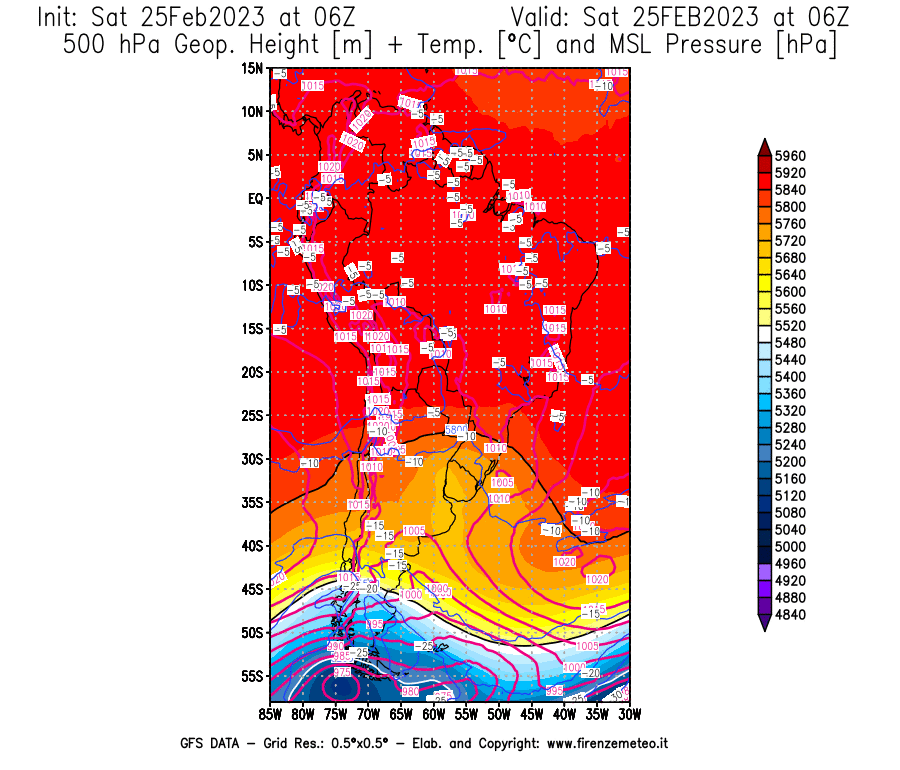 Mappa di analisi GFS - Geopotenziale [m] + Temp. [°C] a 500 hPa + Press. a livello del mare [hPa] in Sud-America
							del 25/02/2023 06 <!--googleoff: index-->UTC<!--googleon: index-->
