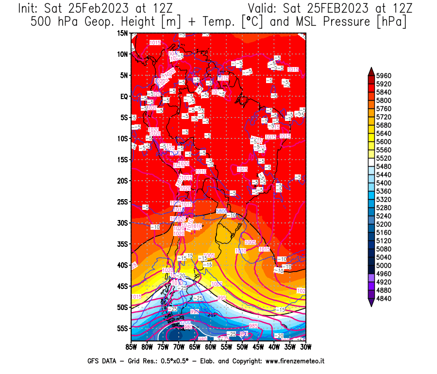 Mappa di analisi GFS - Geopotenziale [m] + Temp. [°C] a 500 hPa + Press. a livello del mare [hPa] in Sud-America
							del 25/02/2023 12 <!--googleoff: index-->UTC<!--googleon: index-->