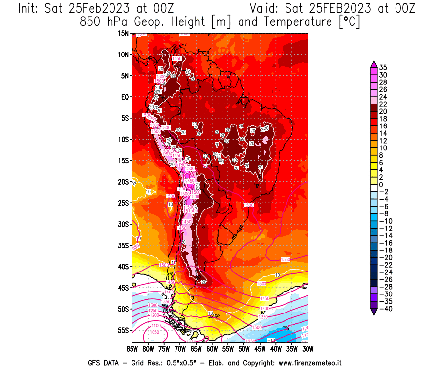 Mappa di analisi GFS - Geopotenziale [m] e Temperatura [°C] a 850 hPa in Sud-America
							del 25/02/2023 00 <!--googleoff: index-->UTC<!--googleon: index-->