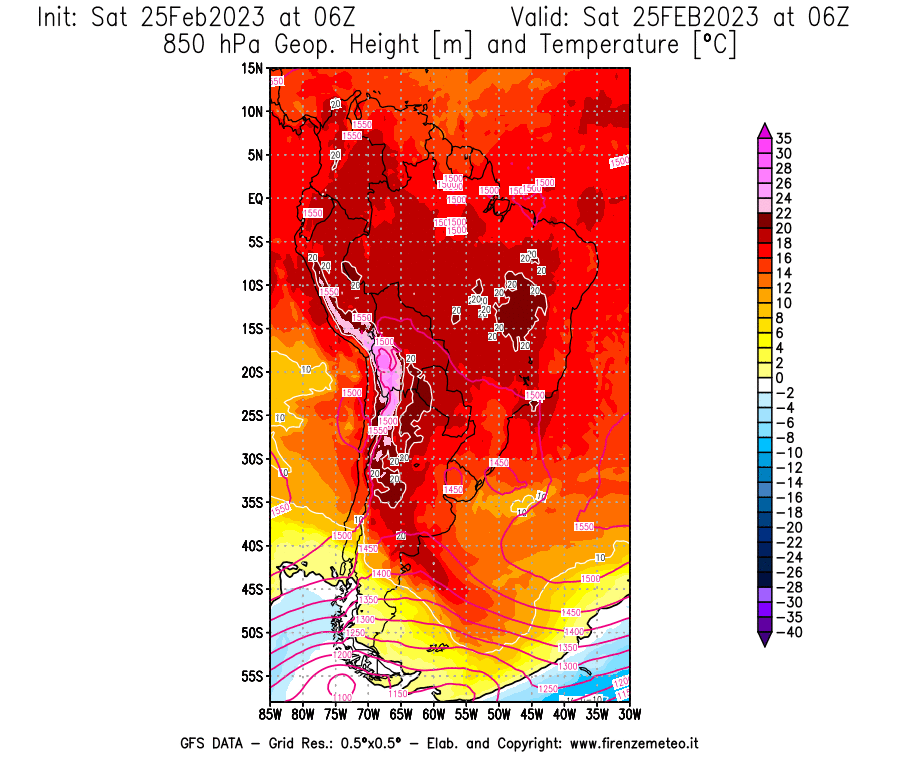 Mappa di analisi GFS - Geopotenziale [m] e Temperatura [°C] a 850 hPa in Sud-America
							del 25/02/2023 06 <!--googleoff: index-->UTC<!--googleon: index-->