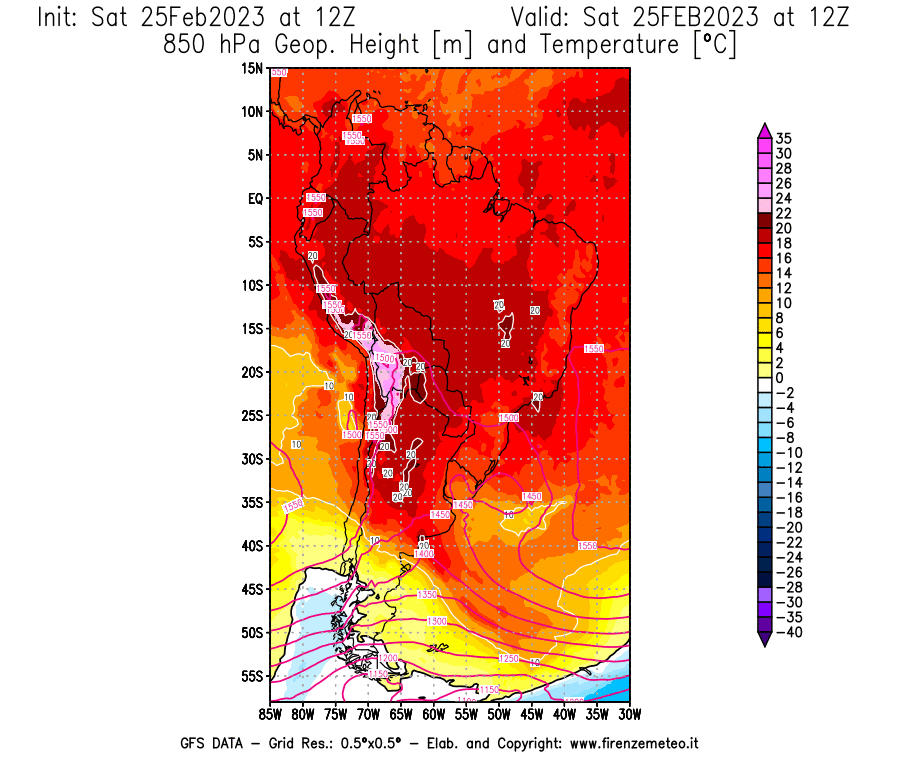 Mappa di analisi GFS - Geopotenziale [m] e Temperatura [°C] a 850 hPa in Sud-America
							del 25/02/2023 12 <!--googleoff: index-->UTC<!--googleon: index-->