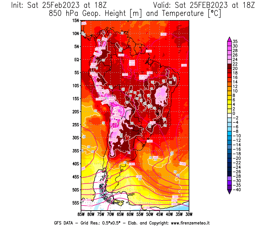 Mappa di analisi GFS - Geopotenziale [m] e Temperatura [°C] a 850 hPa in Sud-America
							del 25/02/2023 18 <!--googleoff: index-->UTC<!--googleon: index-->