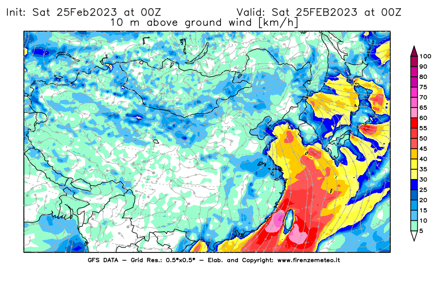 Mappa di analisi GFS - Velocità del vento a 10 metri dal suolo [km/h] in Asia Orientale
							del 25/02/2023 00 <!--googleoff: index-->UTC<!--googleon: index-->