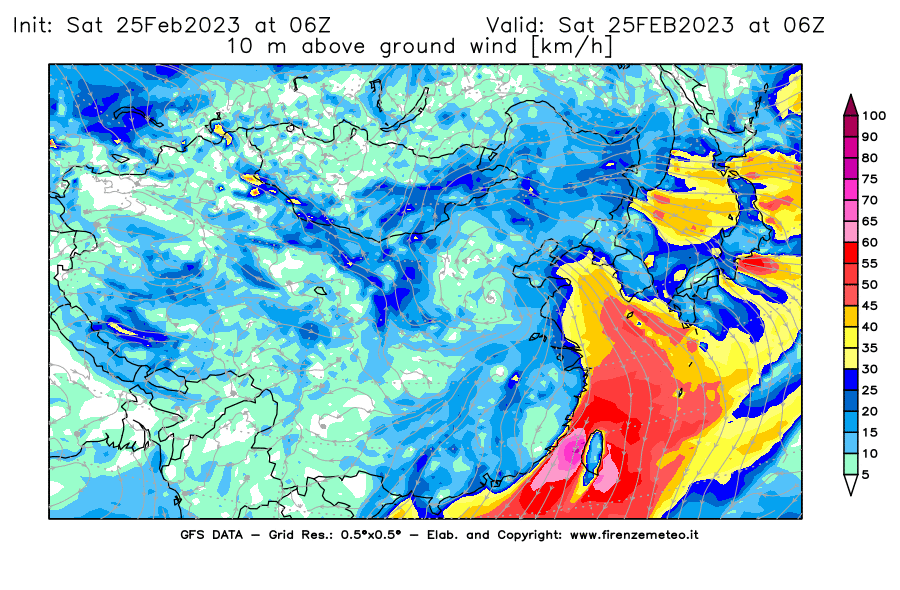 Mappa di analisi GFS - Velocità del vento a 10 metri dal suolo [km/h] in Asia Orientale
							del 25/02/2023 06 <!--googleoff: index-->UTC<!--googleon: index-->