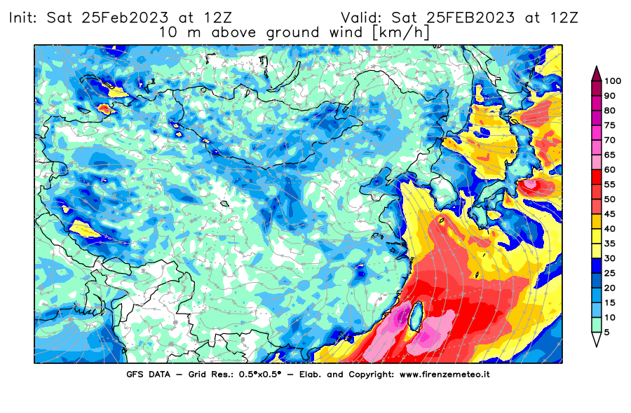 Mappa di analisi GFS - Velocità del vento a 10 metri dal suolo [km/h] in Asia Orientale
							del 25/02/2023 12 <!--googleoff: index-->UTC<!--googleon: index-->