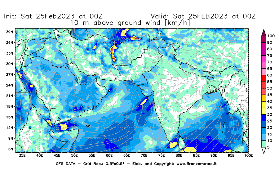 Mappa di analisi GFS - Velocità del vento a 10 metri dal suolo [km/h] in Asia Sud-Occidentale
							del 25/02/2023 00 <!--googleoff: index-->UTC<!--googleon: index-->