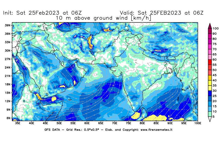 Mappa di analisi GFS - Velocità del vento a 10 metri dal suolo [km/h] in Asia Sud-Occidentale
							del 25/02/2023 06 <!--googleoff: index-->UTC<!--googleon: index-->
