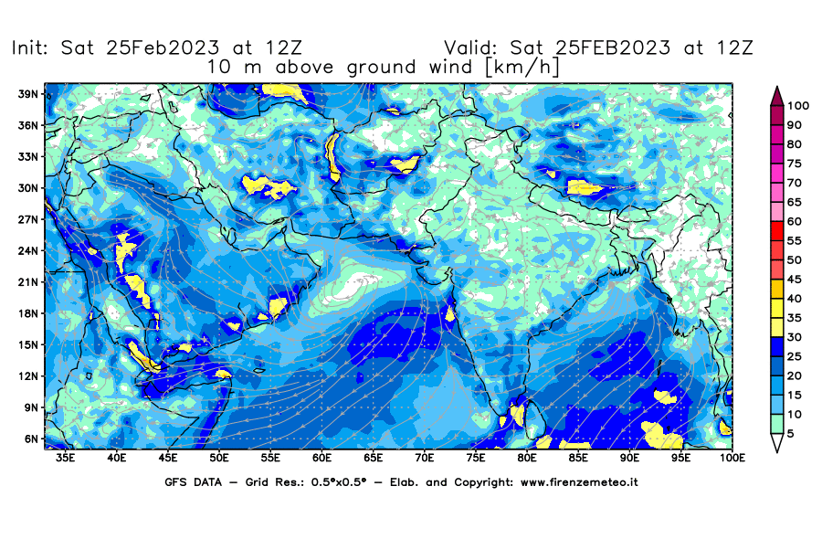 Mappa di analisi GFS - Velocità del vento a 10 metri dal suolo [km/h] in Asia Sud-Occidentale
							del 25/02/2023 12 <!--googleoff: index-->UTC<!--googleon: index-->
