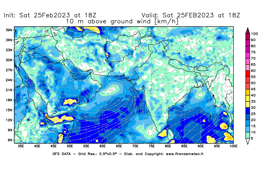 Mappa di analisi GFS - Velocità del vento a 10 metri dal suolo [km/h] in Asia Sud-Occidentale
							del 25/02/2023 18 <!--googleoff: index-->UTC<!--googleon: index-->