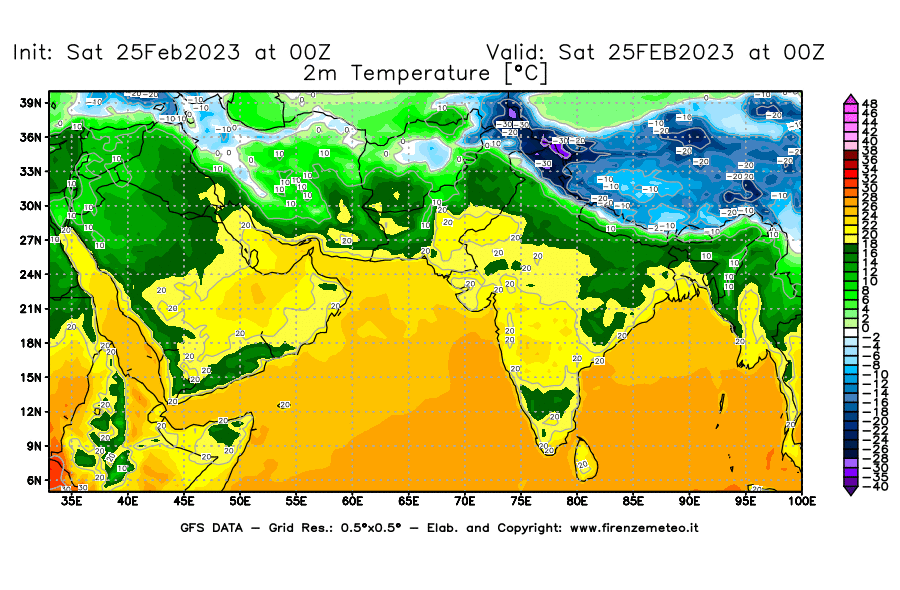 Mappa di analisi GFS - Temperatura a 2 metri dal suolo [°C] in Asia Sud-Occidentale
							del 25/02/2023 00 <!--googleoff: index-->UTC<!--googleon: index-->