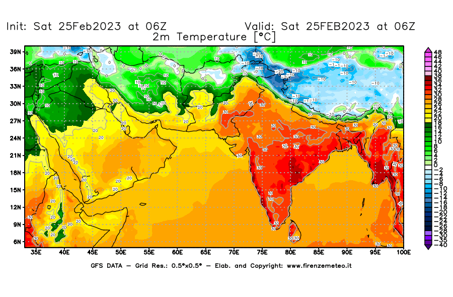Mappa di analisi GFS - Temperatura a 2 metri dal suolo [°C] in Asia Sud-Occidentale
							del 25/02/2023 06 <!--googleoff: index-->UTC<!--googleon: index-->