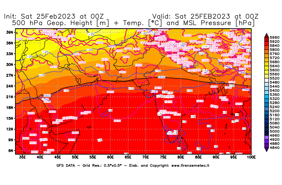 Mappa di analisi GFS - Geopotenziale [m] + Temp. [°C] a 500 hPa + Press. a livello del mare [hPa] in Asia Sud-Occidentale
							del 25/02/2023 00 <!--googleoff: index-->UTC<!--googleon: index-->