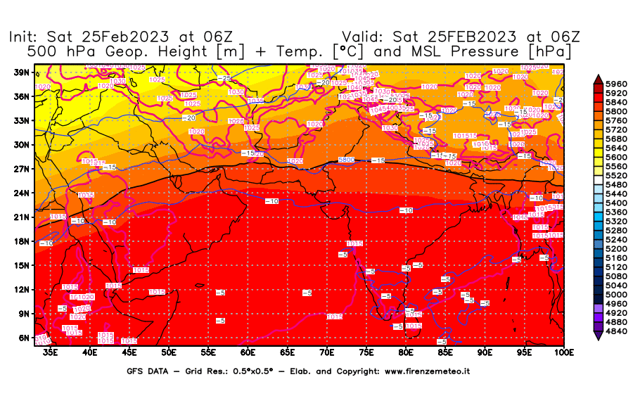 Mappa di analisi GFS - Geopotenziale [m] + Temp. [°C] a 500 hPa + Press. a livello del mare [hPa] in Asia Sud-Occidentale
							del 25/02/2023 06 <!--googleoff: index-->UTC<!--googleon: index-->