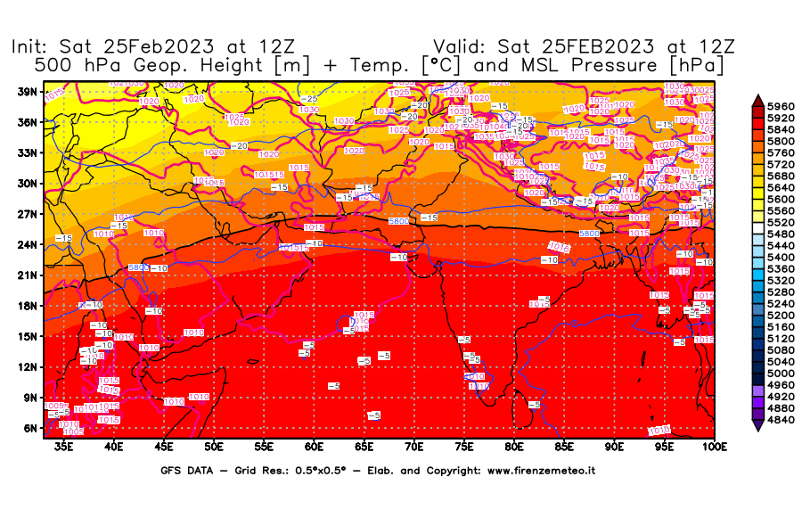 Mappa di analisi GFS - Geopotenziale [m] + Temp. [°C] a 500 hPa + Press. a livello del mare [hPa] in Asia Sud-Occidentale
							del 25/02/2023 12 <!--googleoff: index-->UTC<!--googleon: index-->