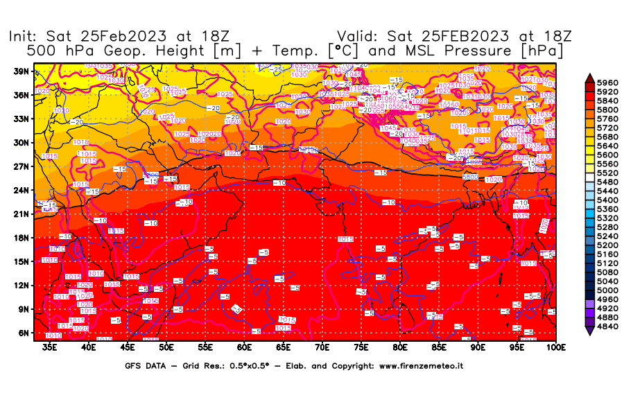 Mappa di analisi GFS - Geopotenziale [m] + Temp. [°C] a 500 hPa + Press. a livello del mare [hPa] in Asia Sud-Occidentale
							del 25/02/2023 18 <!--googleoff: index-->UTC<!--googleon: index-->