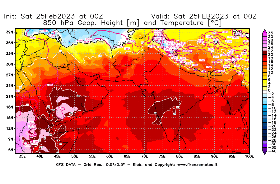 Mappa di analisi GFS - Geopotenziale [m] e Temperatura [°C] a 850 hPa in Asia Sud-Occidentale
							del 25/02/2023 00 <!--googleoff: index-->UTC<!--googleon: index-->