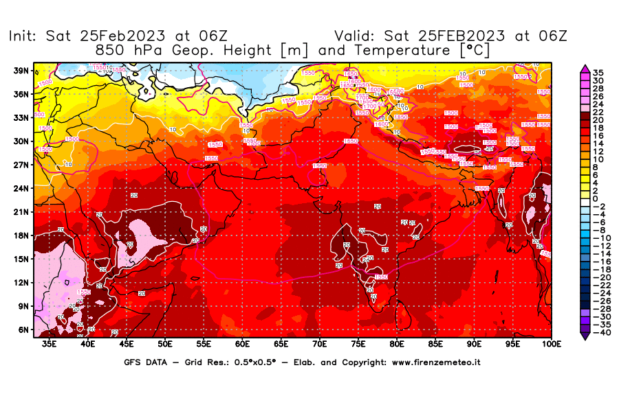 Mappa di analisi GFS - Geopotenziale [m] e Temperatura [°C] a 850 hPa in Asia Sud-Occidentale
							del 25/02/2023 06 <!--googleoff: index-->UTC<!--googleon: index-->