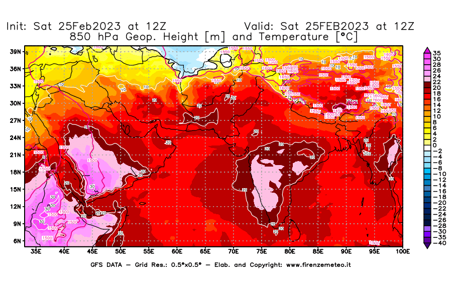 Mappa di analisi GFS - Geopotenziale [m] e Temperatura [°C] a 850 hPa in Asia Sud-Occidentale
							del 25/02/2023 12 <!--googleoff: index-->UTC<!--googleon: index-->