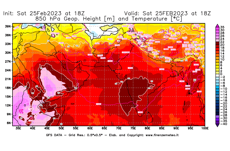 Mappa di analisi GFS - Geopotenziale [m] e Temperatura [°C] a 850 hPa in Asia Sud-Occidentale
							del 25/02/2023 18 <!--googleoff: index-->UTC<!--googleon: index-->