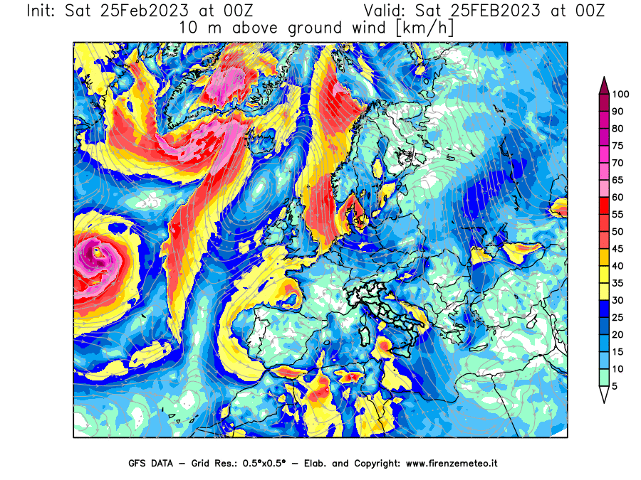 Mappa di analisi GFS - Velocità del vento a 10 metri dal suolo [km/h] in Europa
							del 25/02/2023 00 <!--googleoff: index-->UTC<!--googleon: index-->