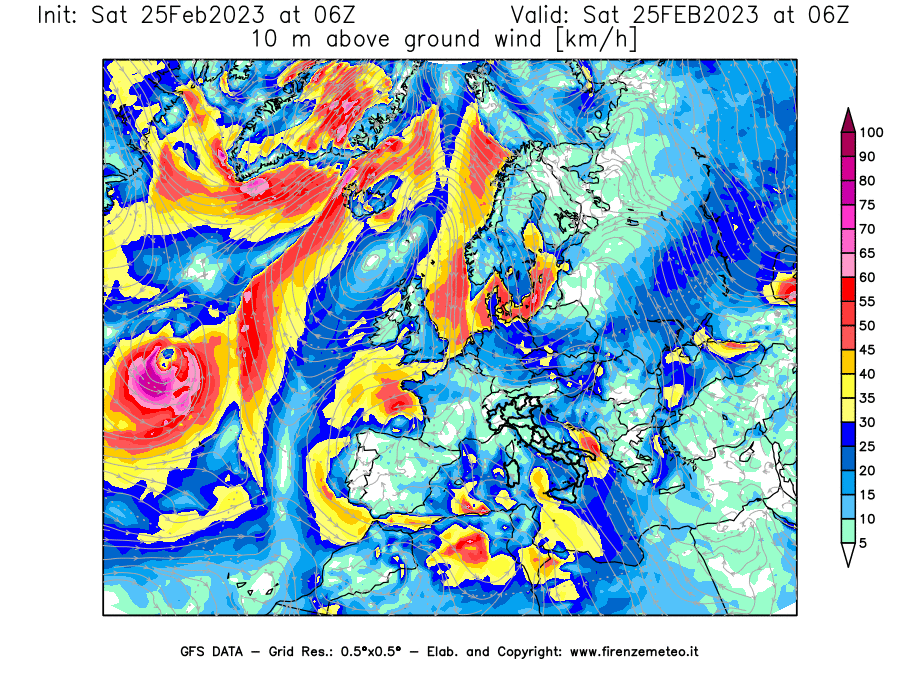 Mappa di analisi GFS - Velocità del vento a 10 metri dal suolo [km/h] in Europa
							del 25/02/2023 06 <!--googleoff: index-->UTC<!--googleon: index-->